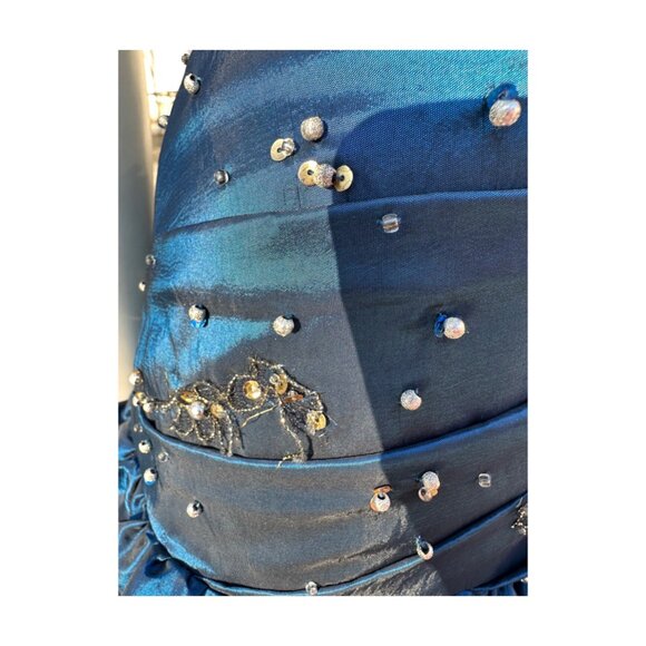 Bella Formals Satin Iridescent Blue Grad Dress Prom Fit & Flare Embellished Gold - Picture 6 of 16